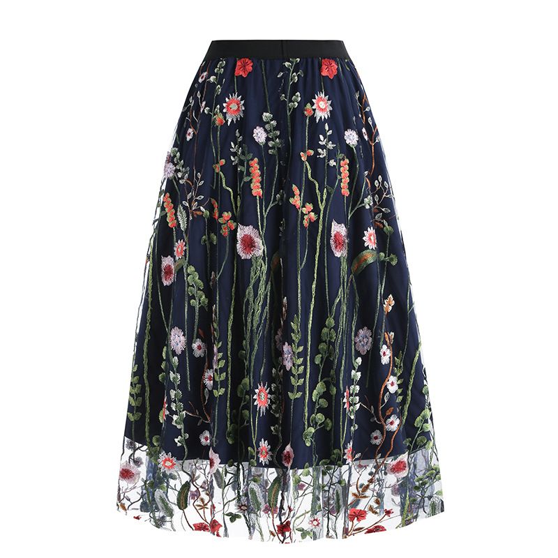 Womens Retro 50s Vintage Floral Tulle Embroidery A-Line Pleated Skirts Blue