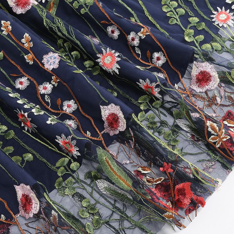 Womens Retro 50s Vintage Floral Tulle Embroidery A-Line Pleated Skirts Blue
