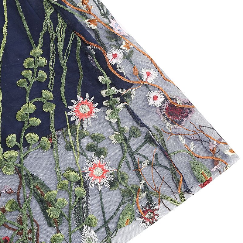 Womens Retro 50s Vintage Floral Tulle Embroidery A-Line Pleated Skirts Blue