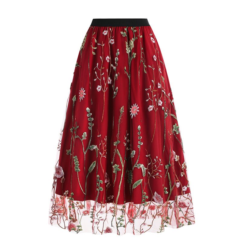 Womens Retro 50s Vintage Floral Tulle Embroidery A-Line Pleated Skirts Red