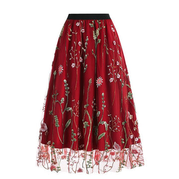 Womens Retro 50s Vintage Floral Tulle Embroidery A-Line Pleated Skirts Red