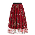Womens Retro 50s Vintage Floral Tulle Embroidery A-Line Pleated Skirts Red