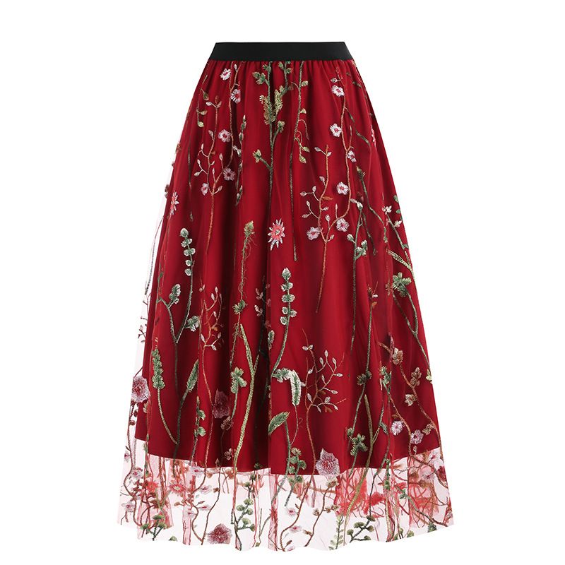 Womens Retro 50s Vintage Floral Tulle Embroidery A-Line Pleated Skirts Red