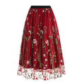 Womens Retro 50s Vintage Floral Tulle Embroidery A-Line Pleated Skirts Red