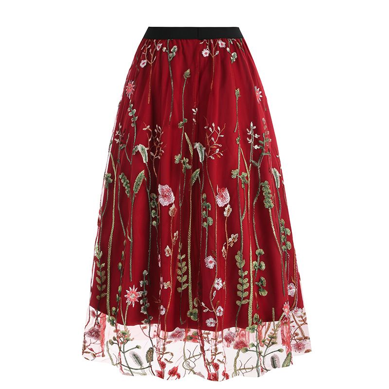 Womens Retro 50s Vintage Floral Tulle Embroidery A-Line Pleated Skirts Red