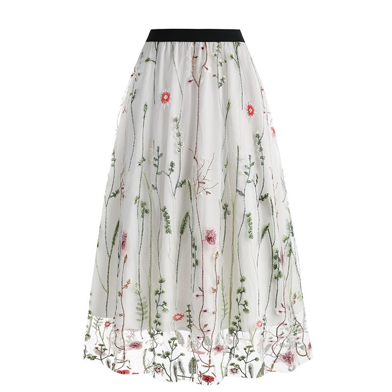 Womens Retro 50s Vintage Floral Tulle Embroidery A-Line Pleated Skirts White
