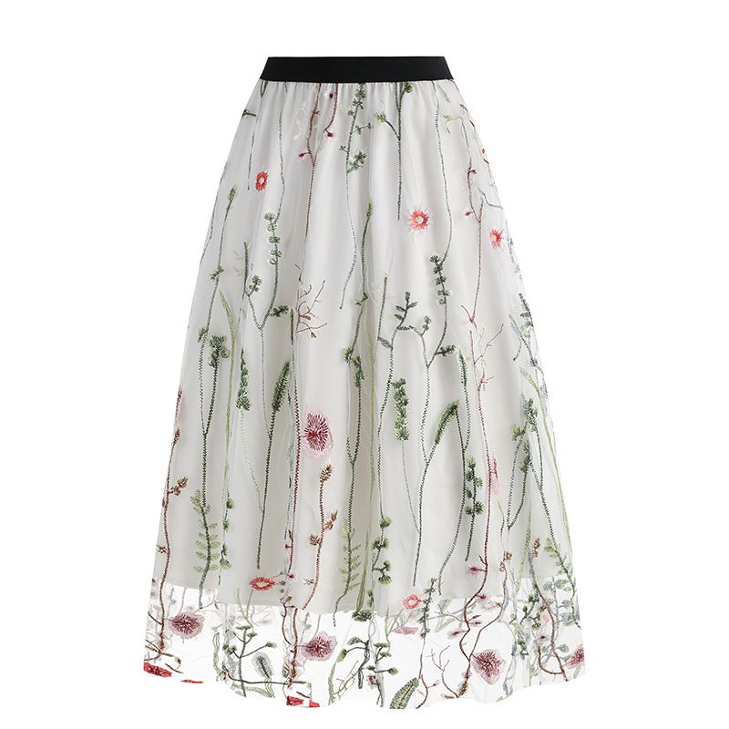 Womens Retro 50s Vintage Floral Tulle Embroidery A-Line Pleated Skirts White