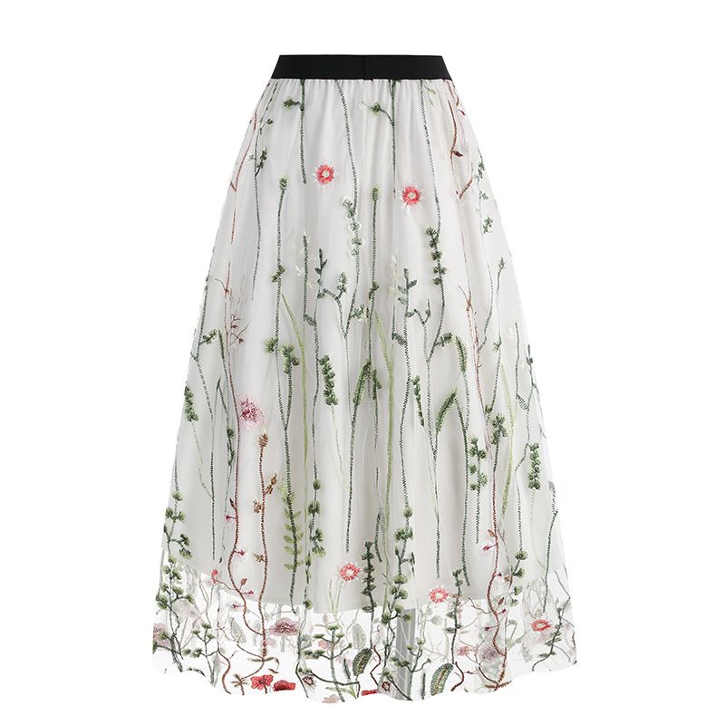 Womens Retro 50s Vintage Floral Tulle Embroidery A-Line Pleated Skirts White