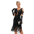 Womens Short Sleeve Sequin Mesh Patchwork Fringe Hem Cocktail 1920s Gatsby Dress Black