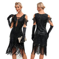Womens Short Sleeve Sequin Mesh Patchwork Fringe Hem Cocktail 1920s Gatsby Dress Black