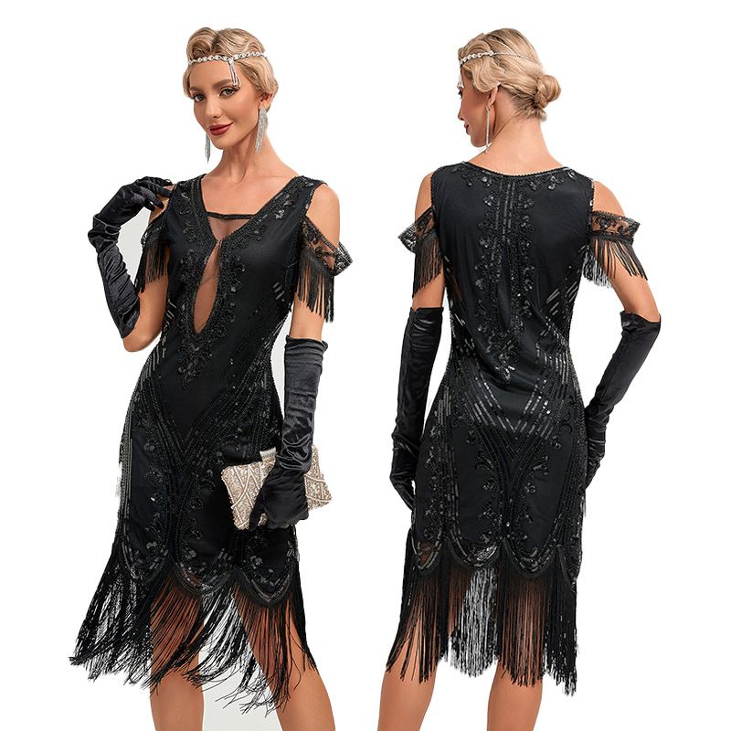 Womens Short Sleeve Sequin Mesh Patchwork Fringe Hem Cocktail 1920s Gatsby Dress Black
