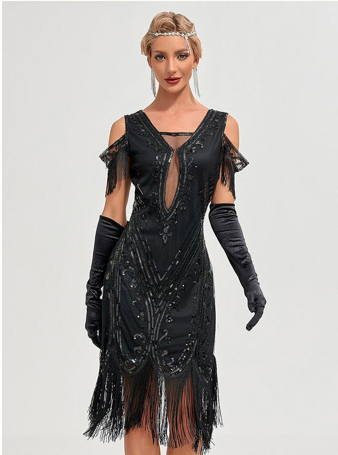 Womens Short Sleeve Sequin Mesh Patchwork Fringe Hem Cocktail 1920s Gatsby Dress Black
