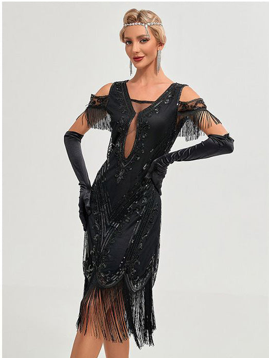 Womens Short Sleeve Sequin Mesh Patchwork Fringe Hem Cocktail 1920s Gatsby Dress Black