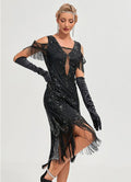 Womens Short Sleeve Sequin Mesh Patchwork Fringe Hem Cocktail 1920s Gatsby Dress Black