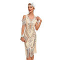 Womens Short Sleeve Sequin Mesh Patchwork Fringe Hem Cocktail 1920s Gatsby Dress Black Beige
