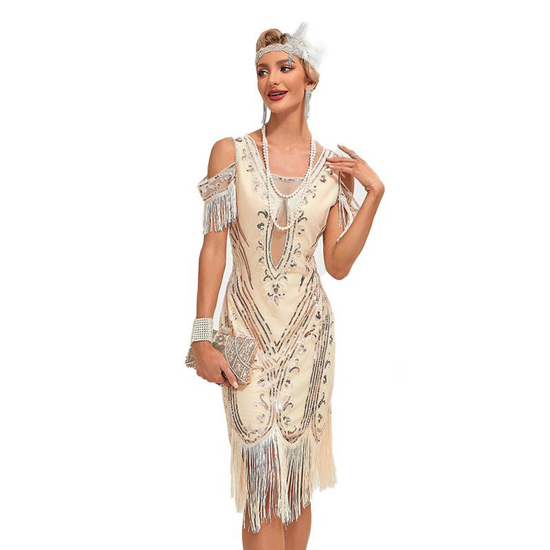 Womens Short Sleeve Sequin Mesh Patchwork Fringe Hem Cocktail 1920s Gatsby Dress Black Beige