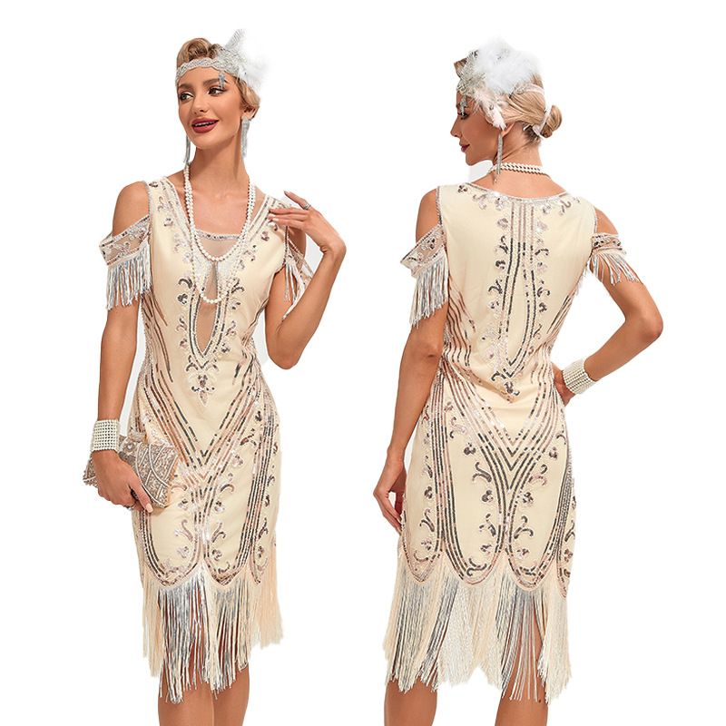 Womens Short Sleeve Sequin Mesh Patchwork Fringe Hem Cocktail 1920s Gatsby Dress Black Beige