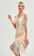 Womens Short Sleeve Sequin Mesh Patchwork Fringe Hem Cocktail 1920s Gatsby Dress Black Beige