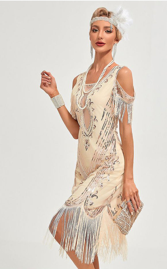 Womens Short Sleeve Sequin Mesh Patchwork Fringe Hem Cocktail 1920s Gatsby Dress Black Beige