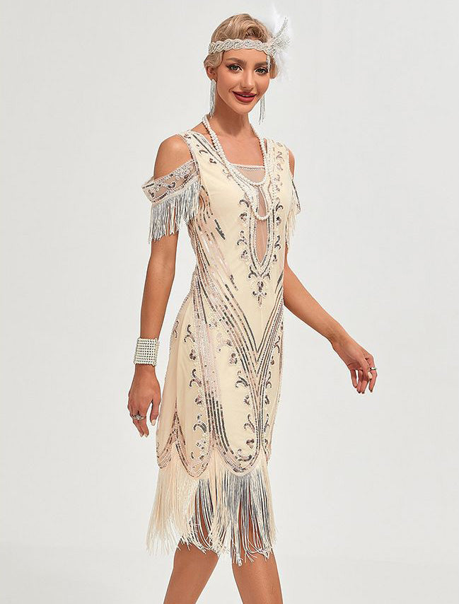 Womens Short Sleeve Sequin Mesh Patchwork Fringe Hem Cocktail 1920s Gatsby Dress Black Beige