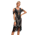 Womens Short Sleeve Sequin Mesh Patchwork Fringe Hem Cocktail 1920s Gatsby Dress Black Gold