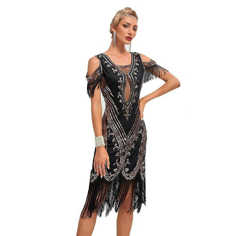 Womens Short Sleeve Sequin Mesh Patchwork Fringe Hem Cocktail 1920s Gatsby Dress Black Gold