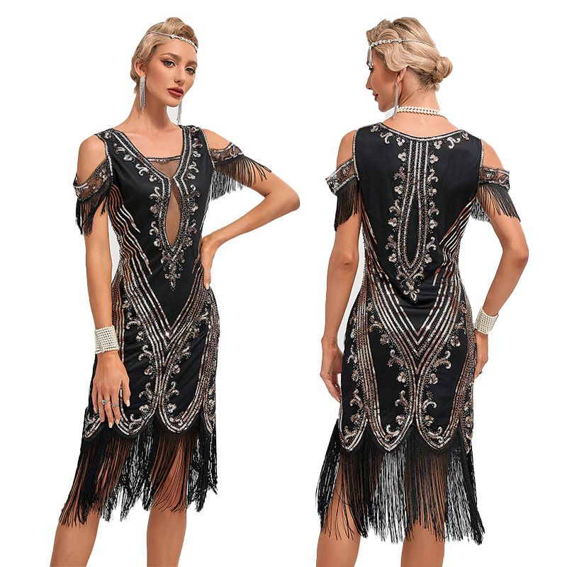 Womens Short Sleeve Sequin Mesh Patchwork Fringe Hem Cocktail 1920s Gatsby Dress Black Gold