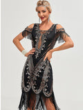 Womens Short Sleeve Sequin Mesh Patchwork Fringe Hem Cocktail 1920s Gatsby Dress Black Gold 2