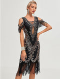 Womens Short Sleeve Sequin Mesh Patchwork Fringe Hem Cocktail 1920s Gatsby Dress Black Gold
