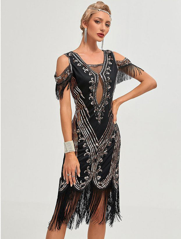 Womens Short Sleeve Sequin Mesh Patchwork Fringe Hem Cocktail 1920s Gatsby Dress Black Gold