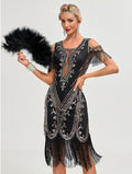 Womens Short Sleeve Sequin Mesh Patchwork Fringe Hem Cocktail 1920s Gatsby Dress Black Gold 