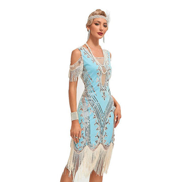 Womens Short Sleeve Sequin Mesh Patchwork Fringe Hem Cocktail 1920s Gatsby Dress Blue