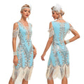 Womens Short Sleeve Sequin Mesh Patchwork Fringe Hem Cocktail 1920s Gatsby Dress Blue