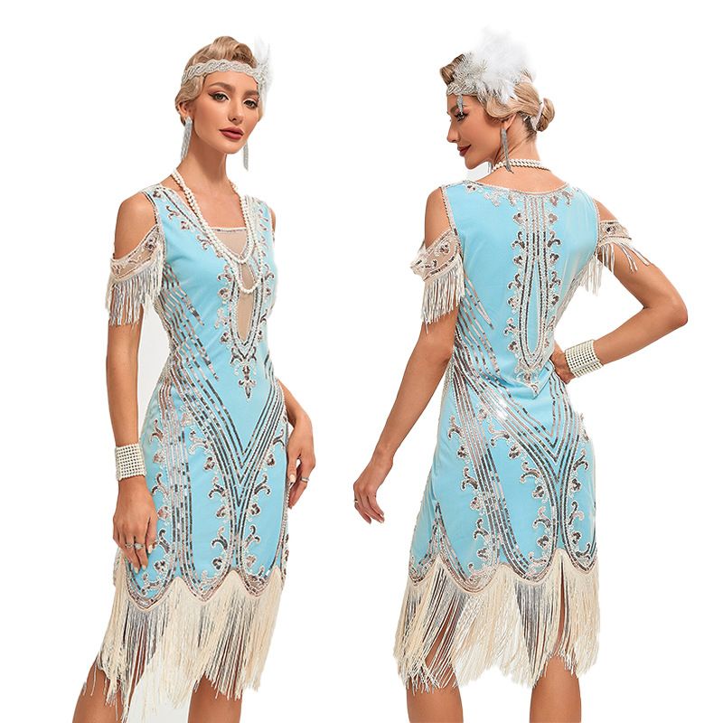 Womens Short Sleeve Sequin Mesh Patchwork Fringe Hem Cocktail 1920s Gatsby Dress Blue
