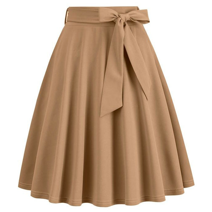 Womens Skirt Summer High Waisted Midi A Line Skirts with Bow Beige