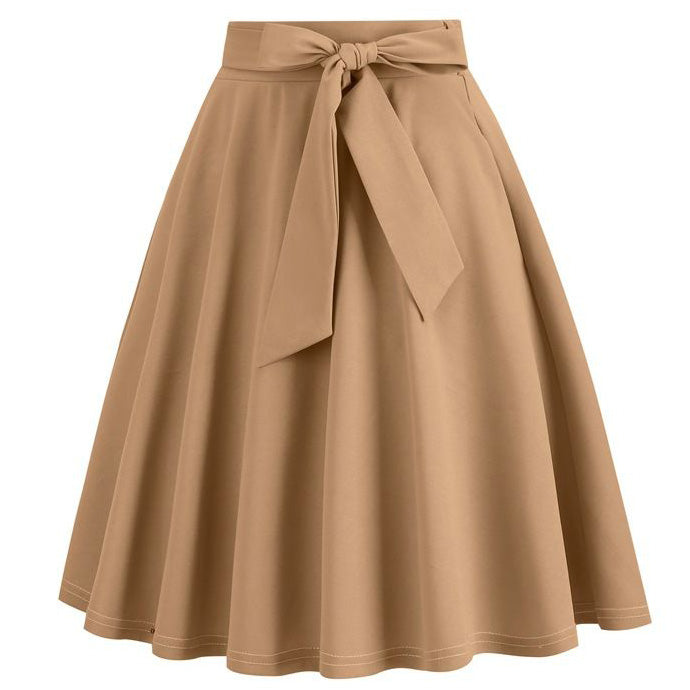 Womens Skirt Summer High Waisted Midi A Line Skirts with Bow Beige