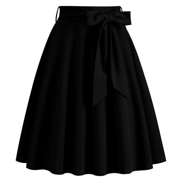 Womens Skirt Summer High Waisted Midi A Line Skirts with Bow Black