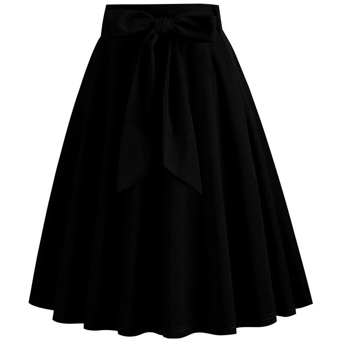Womens Skirt Summer High Waisted Midi A Line Skirts with Bow Black
