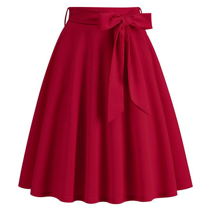 Womens Skirt Summer High Waisted Midi A Line Skirts with Bow Red