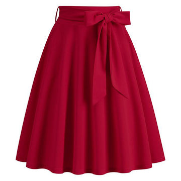 Womens Skirt Summer High Waisted Midi A Line Skirts with Bow Red
