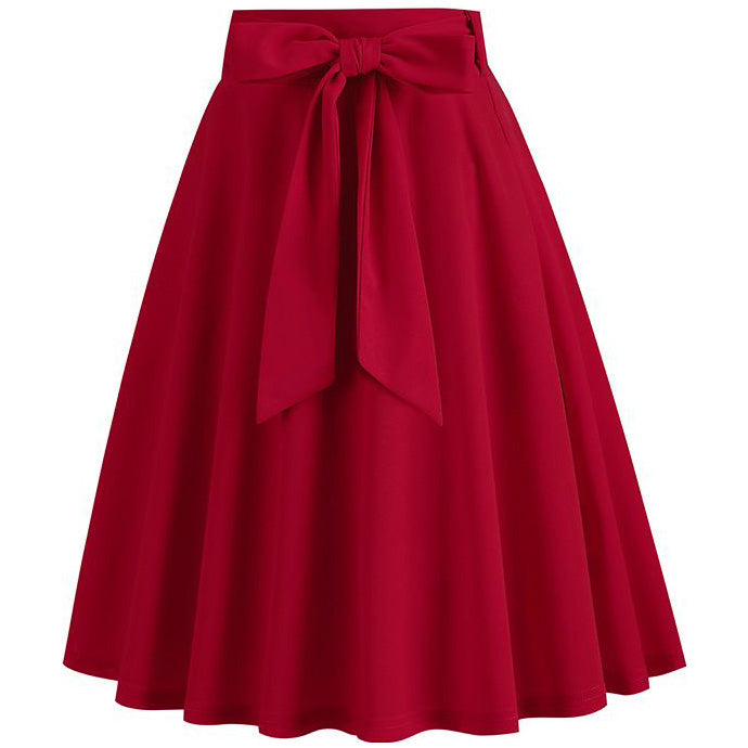 Womens Skirt Summer High Waisted Midi A Line Skirts with Bow Red