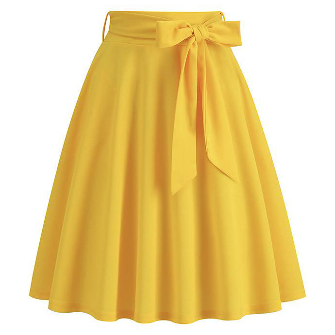 Womens Skirt Summer High Waisted Midi A Line Skirts with Bow Yellow