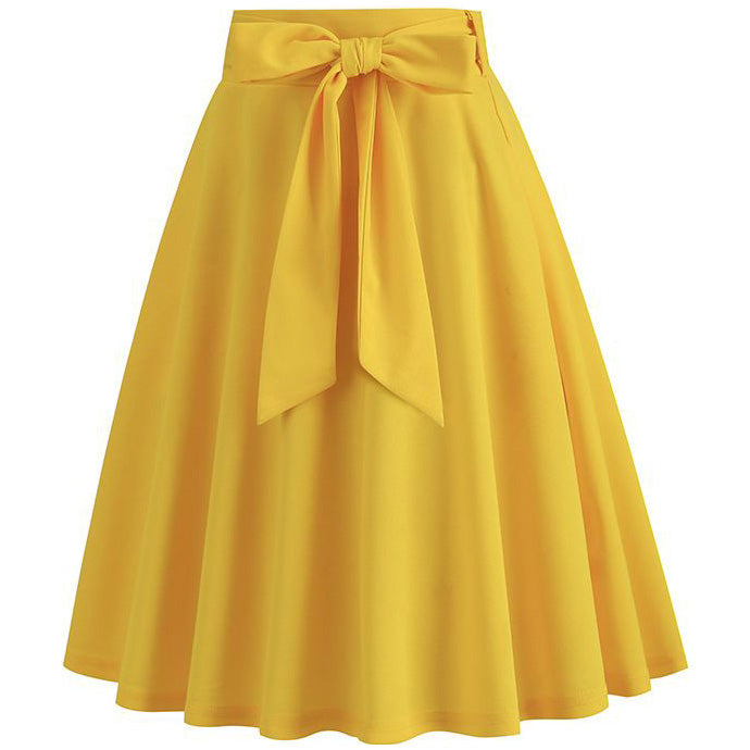 Womens Skirt Summer High Waisted Midi A Line Skirts with Bow Yellow
