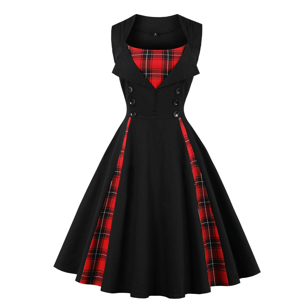 Womens Sleeveless Rockabilly Polka Dot Cocktail Party Vintage Dress Black Plaid