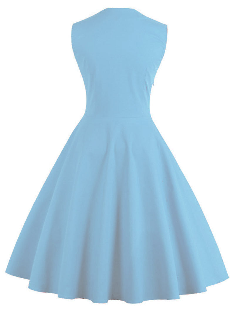 Womens Sleeveless Rockabilly Polka Dot Cocktail Party Vintage Dress Blue