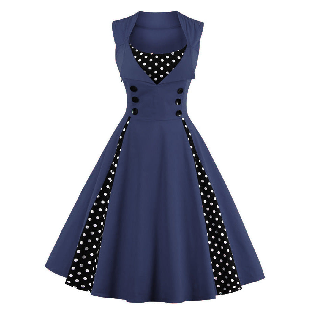 Womens Sleeveless Rockabilly Polka Dot Cocktail Party Vintage Dress Navy