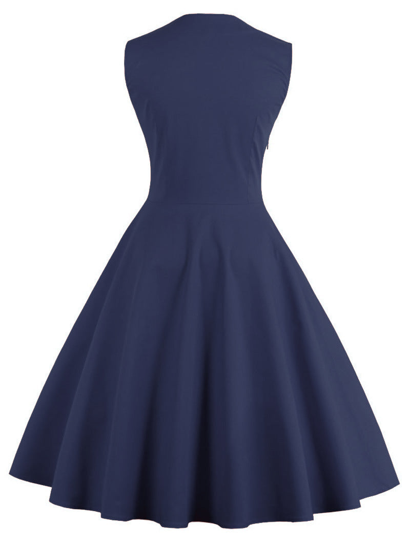 Womens Sleeveless Rockabilly Polka Dot Cocktail Party Vintage Dress Navy