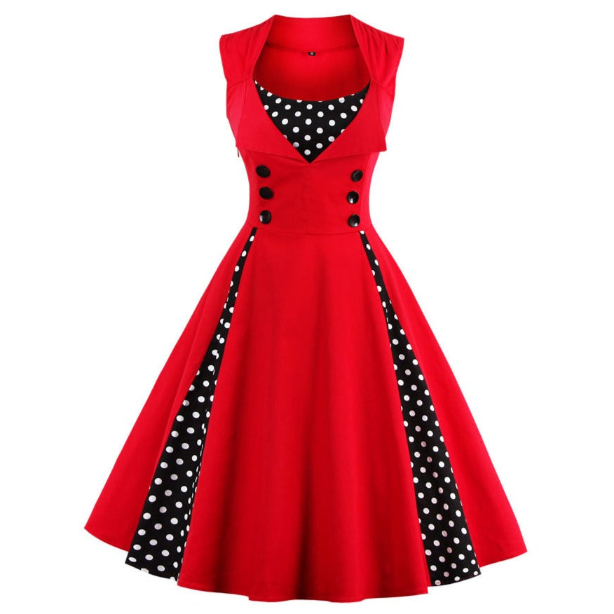 Womens Sleeveless Rockabilly Polka Dot Cocktail Party Vintage Dress Red