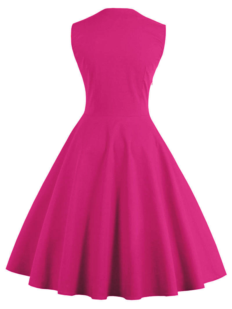 Womens Sleeveless Rockabilly Polka Dot Cocktail Party Vintage Dress Rose