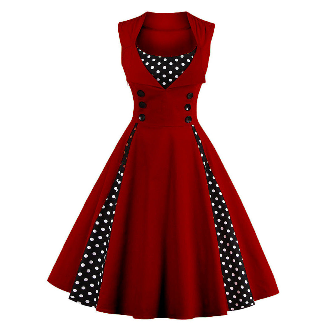 Womens Sleeveless Rockabilly Polka Dot Cocktail Party Vintage Dress Wine